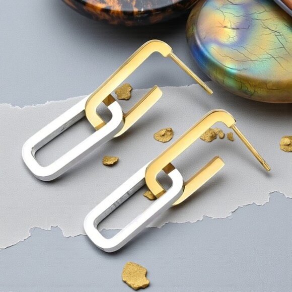๐๏ธMinimalist Chic Two Tone C Hoop Earrings 18K Gold Plated Stainless Steel - Picture 5 of 14
